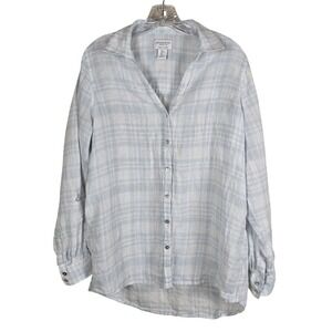 Jones & Co Jones New York 100% Linen Plaid Button Down Shirt Blue White Large